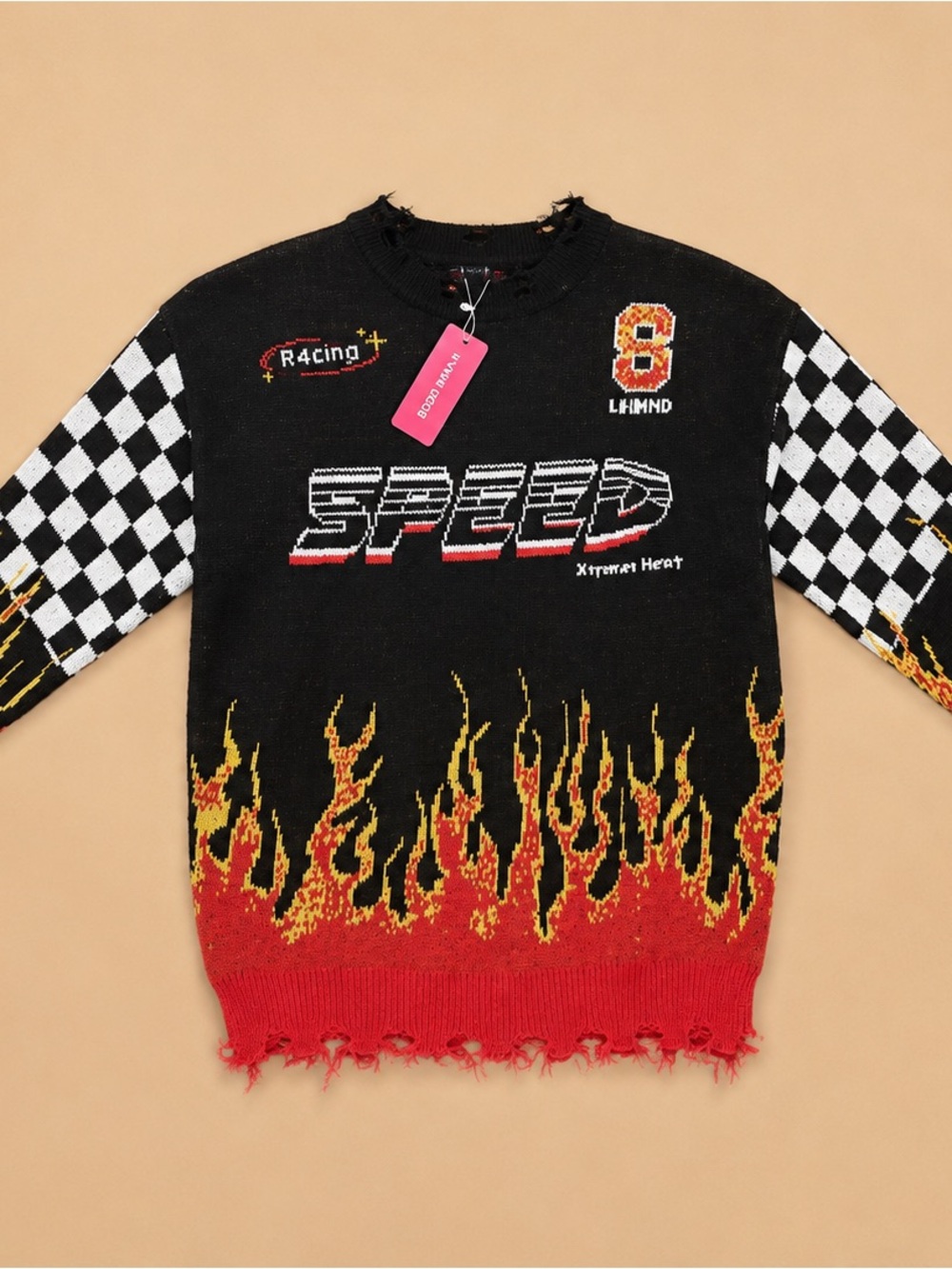SHEIN Black Knit Sweater with Red & Yellow Flame and Checkered Sleeves